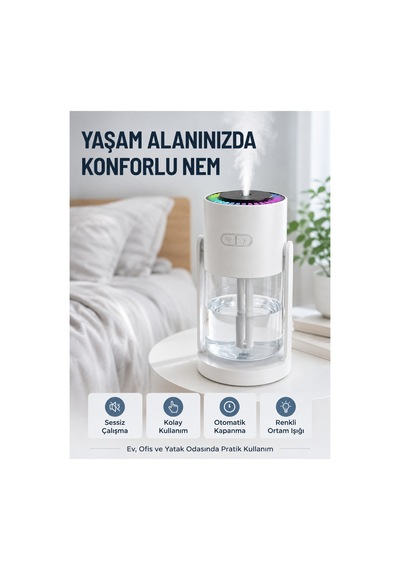 Taşınabilir Ha Nemlendirici Led Işıklı Şeffaf Hazneli Ev Ofis Yatak Odası Nemlendirme