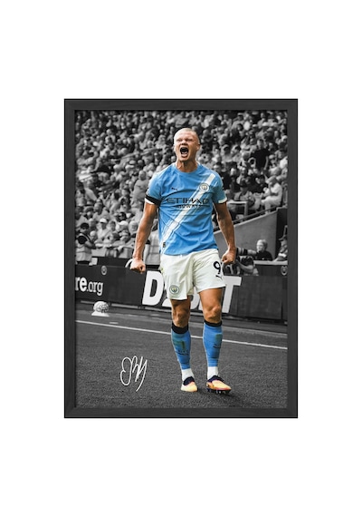 Erling Haaland Siyah Ahşap Çerçeveli Poster, Dekoratif Futbol Duvar Tablosu