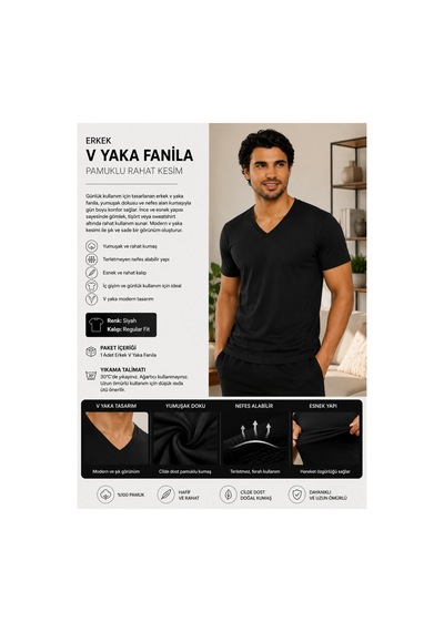 No Brand Kaliteli V Yaka Pamuklu Fanilya Siyah Siyah