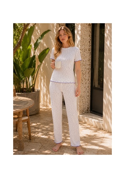 Rindahomewear Kadın Alaçatı Kumaş Yıldız Desenli Kısa Kollu Yazlık Pijama Takımı Moryıldız