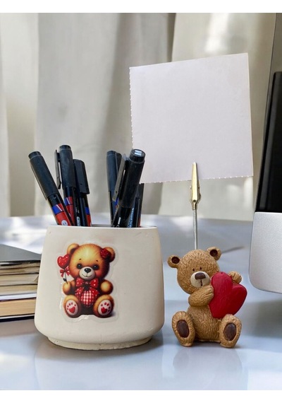Sevimli Kalp Kucaklayan Ayı Fotoğraf Not Tutacağı Ekose Ayı Kalemlik Ofis Seti Hediyelik Tutacak Kahve