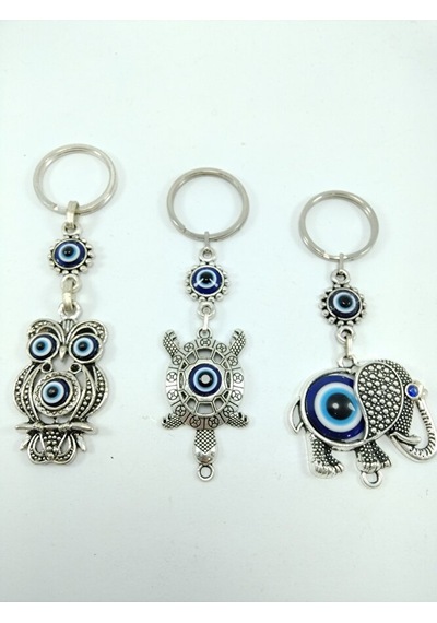 Üçlü Metal Nazar Boncuklu Baykuş/ Kaplumbağa / Fil Anahtarlık Set