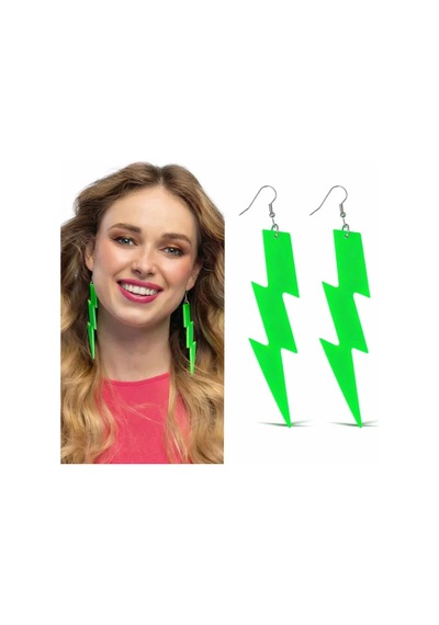 80 Ler 9039lar Retro Neon Yeşil Şimşek Küpe 10 Cm