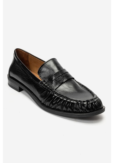 Luvi Shoes Chen Siyah Kırışık Rugan Hakiki Deri Kadın Loafer Ayakkabı