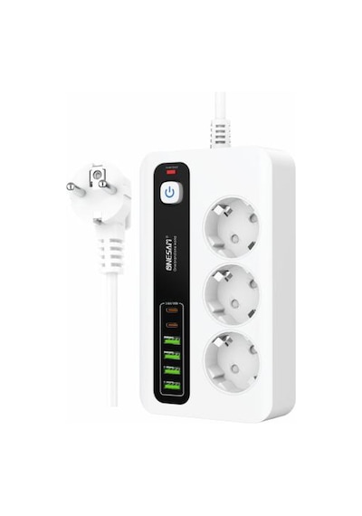 Akım Korumalı 4 Usb'li Ve 3 Type-c Li 3'lü Grup Priz 2 M Uzatma Kablosu Beyaz 1.5 M