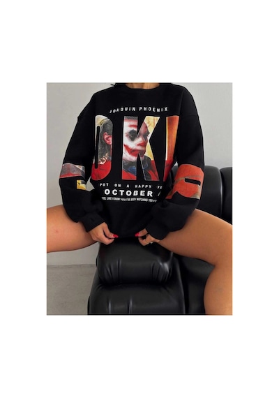 Tarzsokak Joker Renkli Oversize Bisiklet Yaka Pamuklu Sweatshirt Siyah