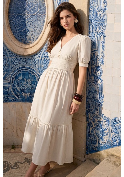 Olcay Drape Detaylı Karpuz Kol Pamuklu Elbise Krem 9457-e