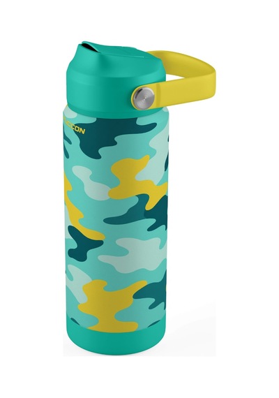 Puccon 540 Ml Kamuflaj Desenli Yeşil - Sarı Erkek Çocuk Pipetli Çelik Termos Matara/suluk - 60035