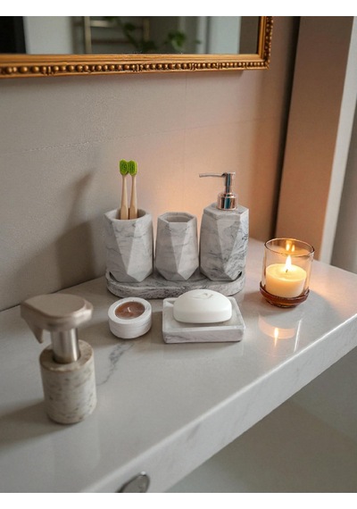 Mermer Desenli Beton Banyo Seti,sıvı Sabunluk ,diş Fırçalığı,kulak Çubukluğu,katı Sabunluk Ve Mumlukkk Gri