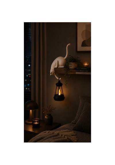 23 Cm Dekoratif Kedi Ve Led Fener Seti Modern Raf & Masa Süsü Sb