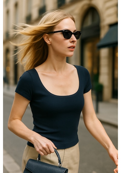 Madmext Lacivert Geniş Yaka Kadın T-shirt Mg2341 Lacivert