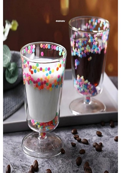 2'li Çift Cidarlı Yıldızlı Ayaklı Retro Stil Bardak Magnolya Sunum Kasesi Ve Kahve Bardağı 350 Ml S Yıldızlı
