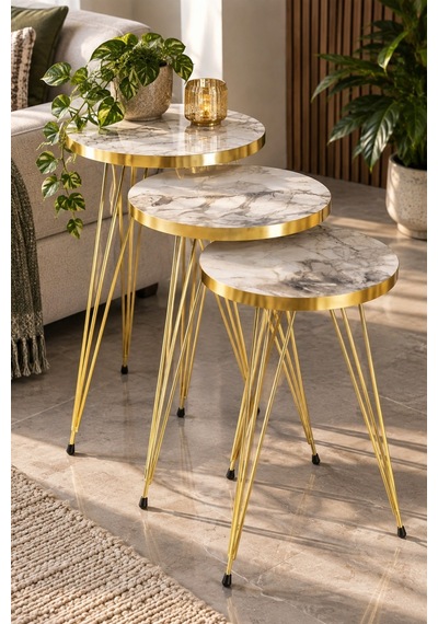 Sulorahome Gold Zigon Sehpa Takımı 3'lü Set Beyaz Mermer