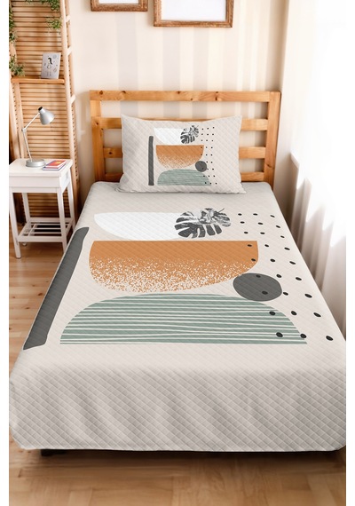 Geometrik Bej Genç Odası Tek Kişilik Pike Takımı - Hardal Antrasit 160x220 Cm Kapitone Yatak Örtüsü Gölge Sis Dokunuşu