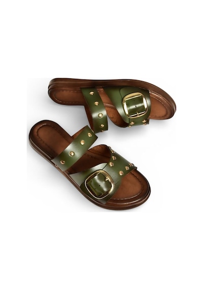 Fox Shoes Y390450703 Yeşil Hakiki Deri Zımba Detaylı Kadın Terlik Yeşil