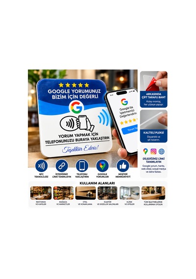 Nfc Google Yorum Ve Sosyal Medya Link Kartı Çift Taraflı Bantlı Pleksi Temassız Yorum Kartı