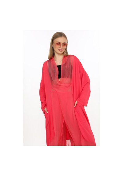 Bohem Stil Italyan Ipek Detaylı Oversize Kap Bluz- Wes Pantolon Takım-8863 Mercan Pembe