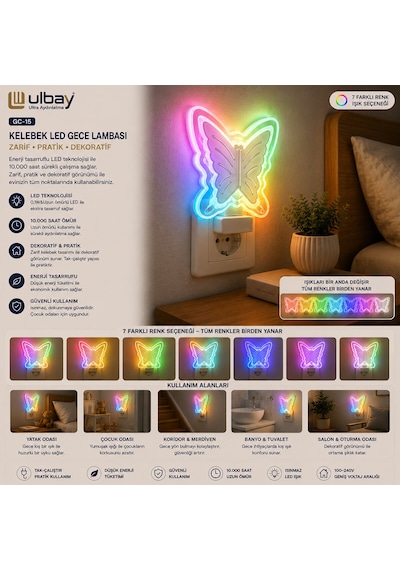 10 Adet Kelebek Led Gece Lambası Gc-15 5332 .