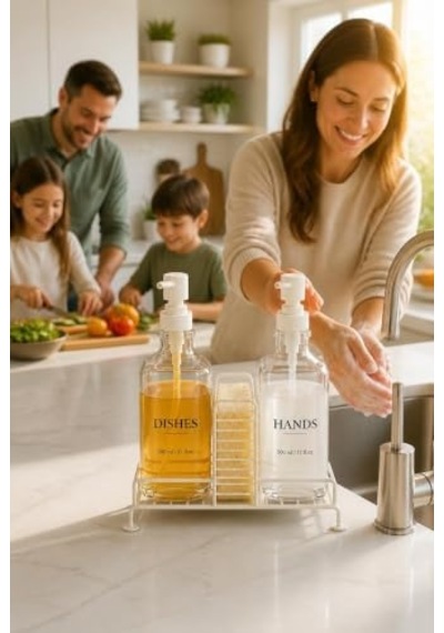 2&apos Li Stantlı Ekru Sıvı Sabunluk Seti, Mutfak Ve Banyo İçin Tezgah Üstü Pompalı Sabun Ve Deterjan Dispenseri, 500 Ml X 2 000 Açık Krem
