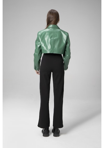 Yeşil Overlay Dericlub Wm034 Gerçek Deri Crop Blazer Kadın Ceket
