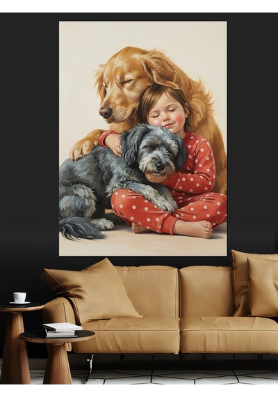 Köpekler Ve Çocuk Sevgisi Dekoratif Kanvas - Mdf Ahşap Tablo