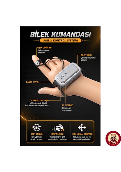 Oyuncak Uzaktan Kumandalı Şarjlı Akrobat Cybertruck Araba 4x4 Drift Araç Bilekten Kumandalı Led Işıklı 2.4 Ghz 6 Farklı Led Işık Modu 18 Cm