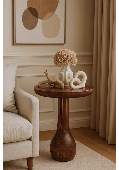 Masif Ahşap Meşe Renk Tekli Yan Sehpa Dekoratif Mantar Sehpa - Coffee Table Meşe