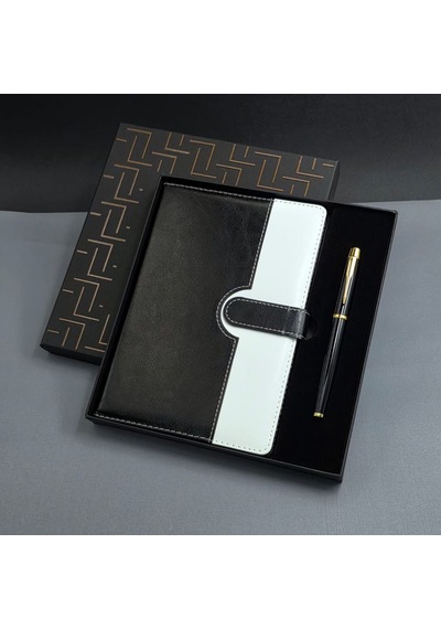 Tarihsiz Siyah Beyaz Ajanda Defter Ve Metal Roller Kalem Seti