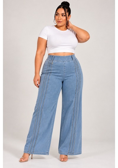 Büyük Beden Denim Taşlı Yüksek Bel Bol Paça Kadın Pantolon Mavi