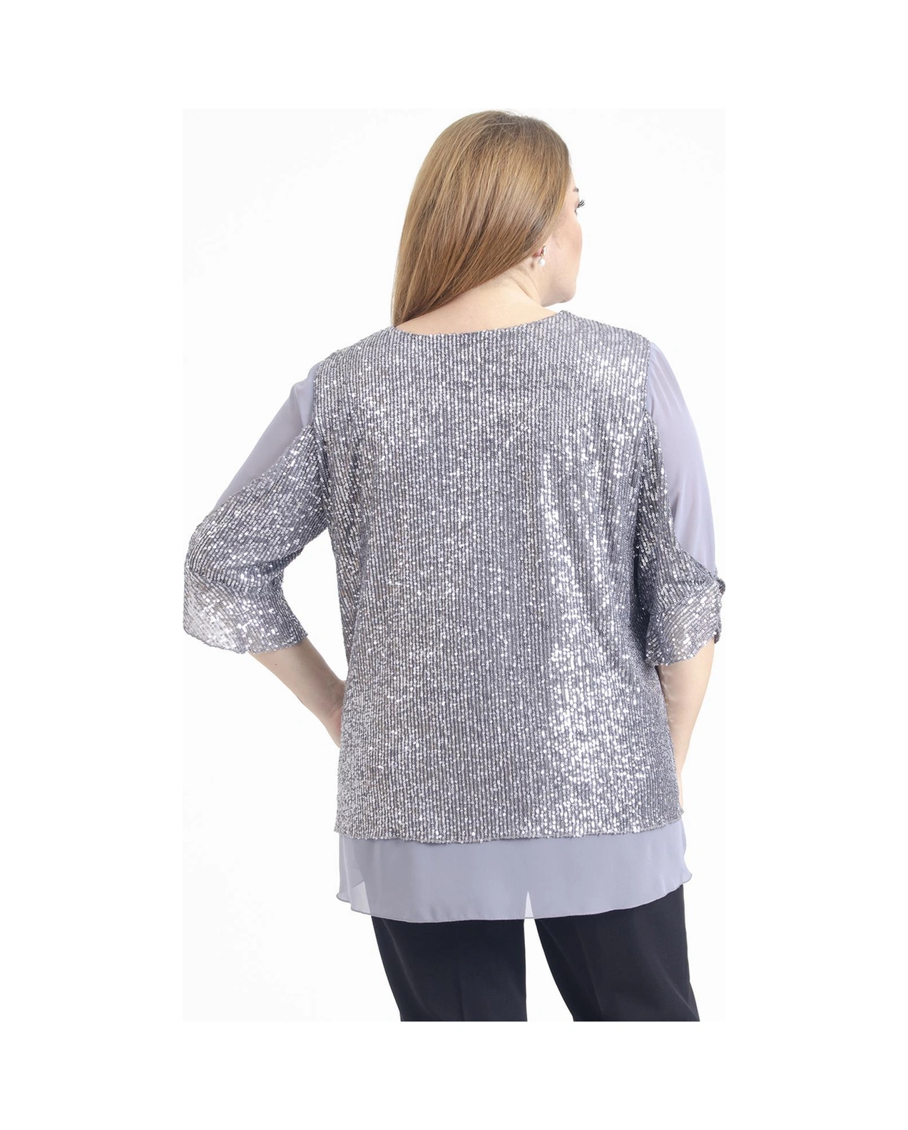 Lilas Xxl Büyük Beden Gri Renkli Pul Payetli Şifon Bluz Gri