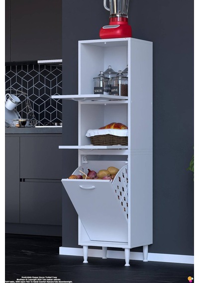 Nore 40 Cm İki Kapaklı Tek Sepetli Çok Amaçlı Kiler Dolabı Mutfak Banyo Düzenleyici 40x150x32 Cm Beyaz