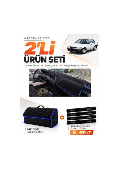 E-biz Toyota Corolla Fındık Kasa 1988-1991 Uyumlu Torpido + Tay Tüyü Çanta - Siyah-mavi - To011