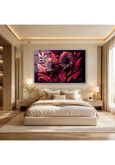 Pembe Kağıt Kesim Çiçekler Gümüş Çerçeveli Cam Tablo