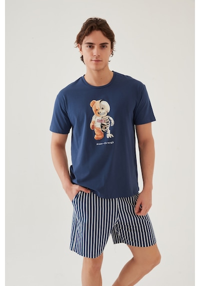 Erkek Pamuklu Mavi Baskılı Cepli Şort Pijama Takımı Ke30320 Mavi - Beyaz