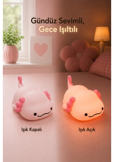 Axopo - Aksolotl Figürlü Şarjlı Silikon Gece Lambası 3 Kademe Dokunmatik Usb-c Pembe Pembe