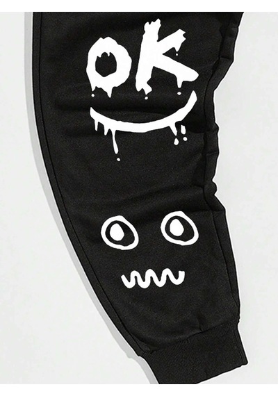 Cartoon & Slogan Graphic Drawstring Waist Eşofman Altı Siyah