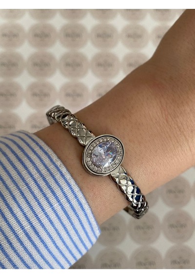 Pinery Jewels İri Taşlı Gümüş Modern Paslanmaz Çelik Kelepçe Bileklik Günlük Ve Altın