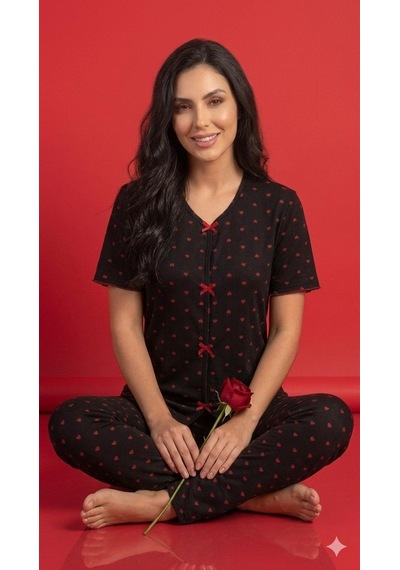 Sleeproom Yazlık Siyah Kırmızı Kalp Desenli Kısa Kol Penye %100 Pamuk Pijama Takım