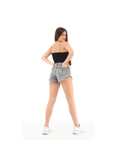 Cedy Denim Kadın Yüksek Bel Yırtlıklı Ve Yıpratmalı Paçası Püsküllü Kot Şort Mini Jean Şort C603 GRİ