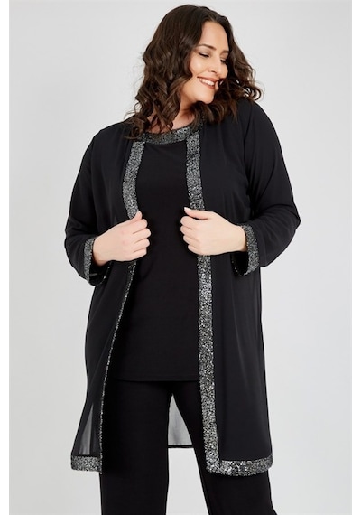 Ladies First Ladıes Fırst Büyük Beden 3552 Siyah Gümüş Ceket+Bluz+Pantolon
