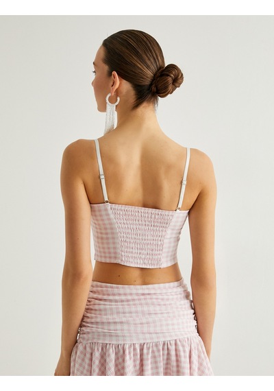 Koton İnce Askılı Crop Büstiyer Kalp Yaka Pembe Ekose 4sak10640ek Pembe