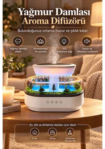 Castu 286 Raindrop Yağmur Damlası Efektli Aroma Difüzör Beyaz Gürültü Sesli Led Işıklı Hava Nemlendi