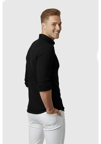 Rizzup Erkek Siyah Slim Fit Fitilli Gömlek Likralı Esnek Kumaş Şık Model 2500805