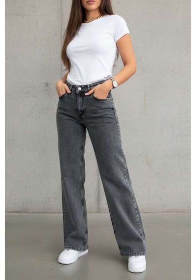 Woddi Nova Kadın Yüksek Bel Füme Salaş Jeans Wide Leg Geniş Paça Palazzo Kot Pantolon