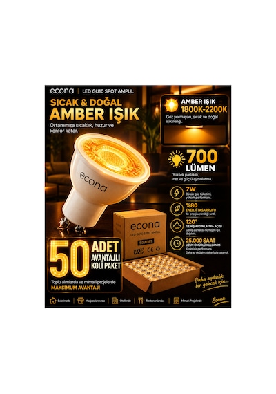 50 Adet Amber 7w Gu10 Duy Led Spot Ampul 50li Koli Paket ,700 Lümen Sıcak & Doğal Amber Işık, Gün Işığı Dekoratif Spot Aydınlatma Seti Uzun Ömürlü Kehribar Renk Spot Ampul