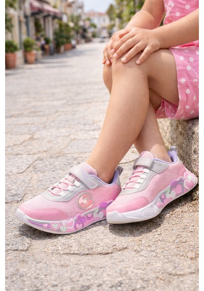 Mini Bonito Kız Çocuk Cırtcırtlı Spor Ayakkabı Kalp Detaylı Pembe