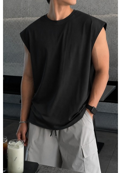 Tarz Cool Erkek Oversize Kolsuz Tişört %100 Pamuk Süprem Basic Bisiklet Yaka Siyah
