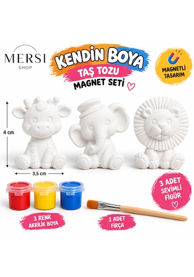 Kendin Boya 3 Lü Hayvan Magnet Seti Taş Tozu Figür 3 Renk Boya Ve Fırçalı Hobi Seti