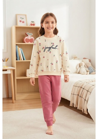 Pina Kids Kız Çocuk Kirazlı Desenli Okul Günlük Eşofman Takımı Esf7034 Pembe