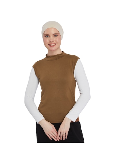 Altobeh Organik Kolsuz Balıkçı Yaka Likralı Kadın Sıfır Kol Body Açık Çikolata